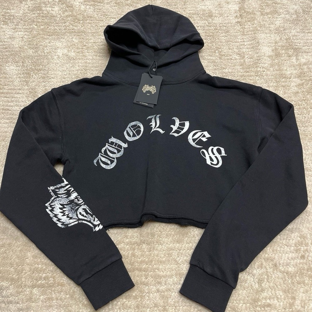 Darc Sport Wolves Cropped Hoodie Sweatshirt Black Graphic Print Women's size M